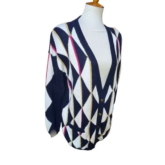 Concepts Button Down Geometric Multi Color Long Sleeve Navy Blue& White Cardigan - Picture 9 of 10
